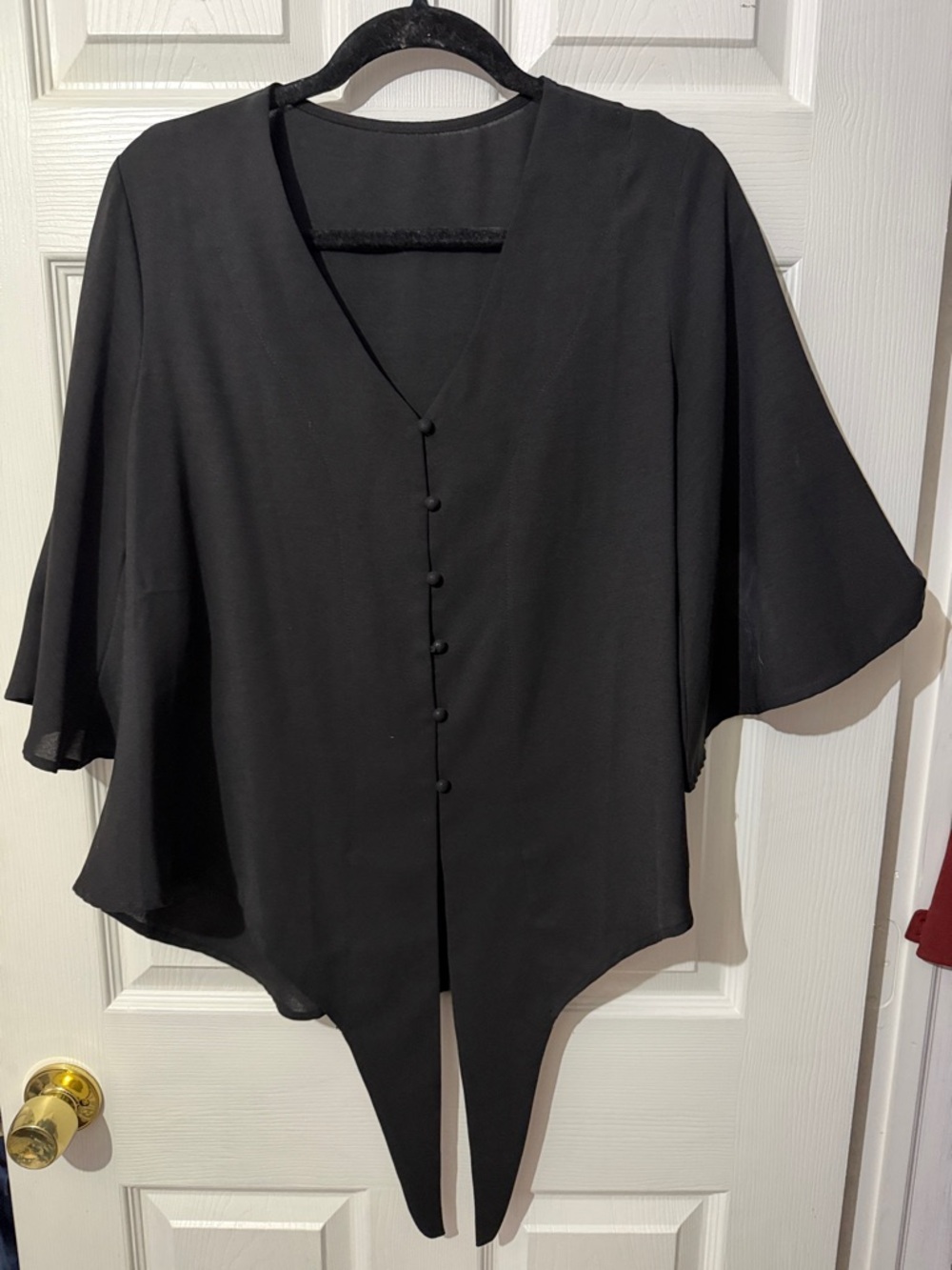 Black V-Neck Button-Front Flutter Sleeve Blouse